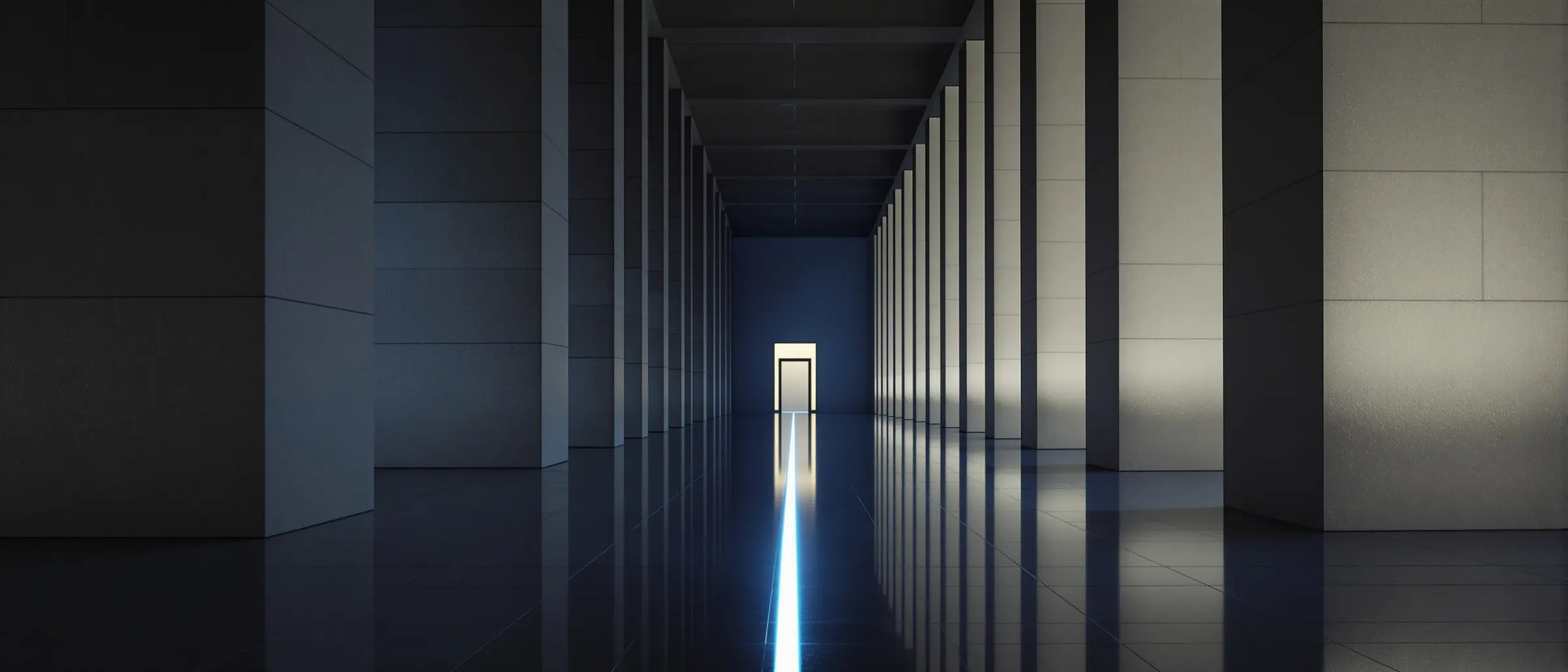 A colonnade at night: a line of light runs along the floor to a lit doorway.
